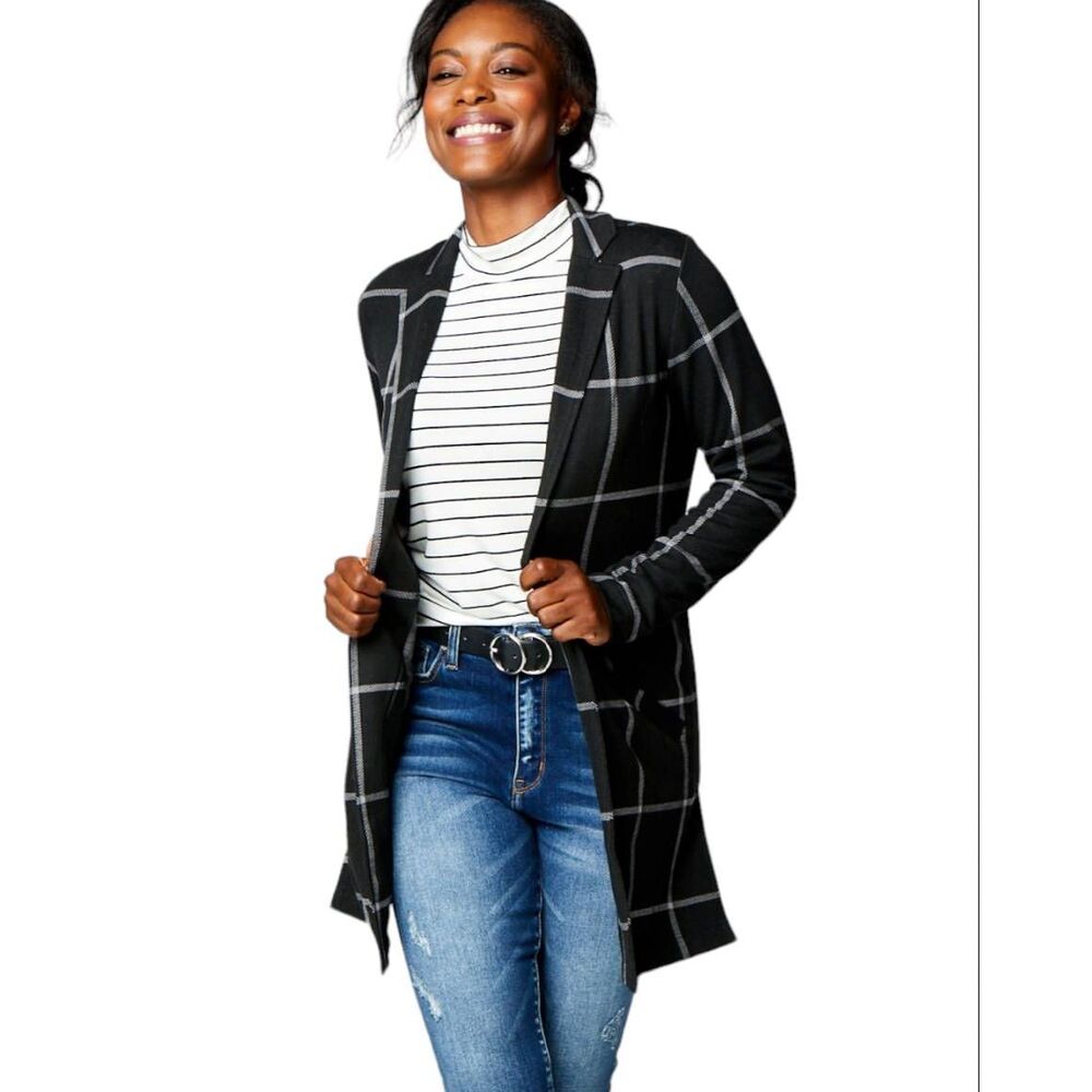 Maurices Black and White Windowpane Open Jacket Sweater Size Large Fall Winter L